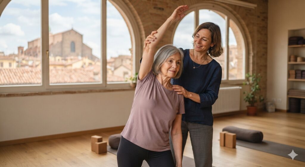 nsegnante che accompagna una persona adulta in un movimento semplice, osservazione attenta e non invasiva, studio luminoso a Bologna, fotografia realistica.